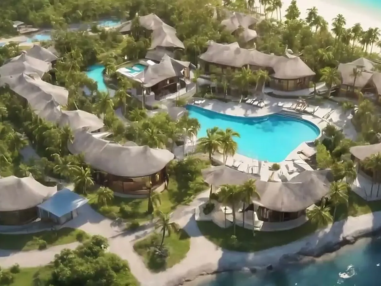 Island resort: thatched villas around a pool among palms, next to the water