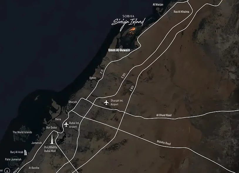 Map: Siniya Island off Umm Al Quwain, north of Sharjah and Dubai, with the main roads and airports
