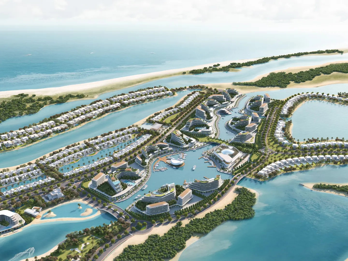 Low aerial view of Siniya Island: beachfront apartments, the marina and the lagoon